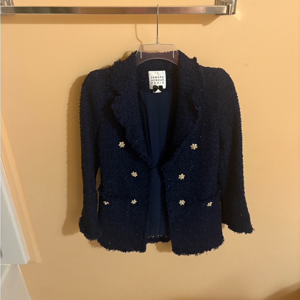 Edward Achour Paris Navy Blue Metallic Tweed Blazer